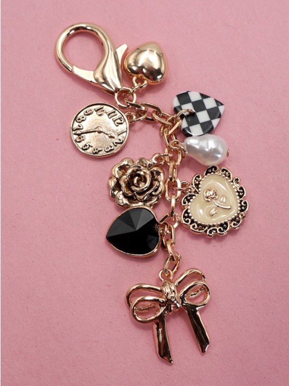 GOLD TONED BOW CHECKER HEART FLOWER BAG CHARM KEYCHAIN